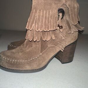 Sbicca Tan Fringed Heeled Boots 7.5